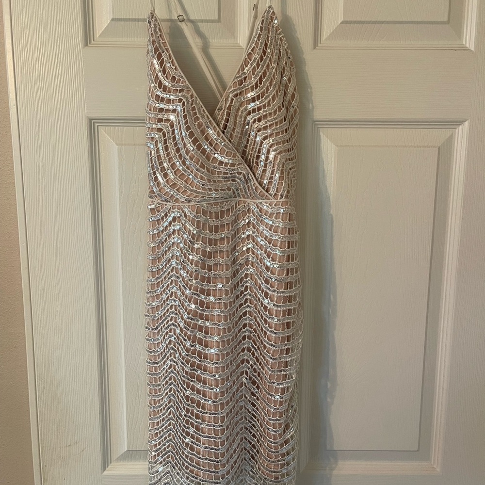 Lulu's Shimmering Gold Sequin with Beige underlay Spaghetti Strap Dress